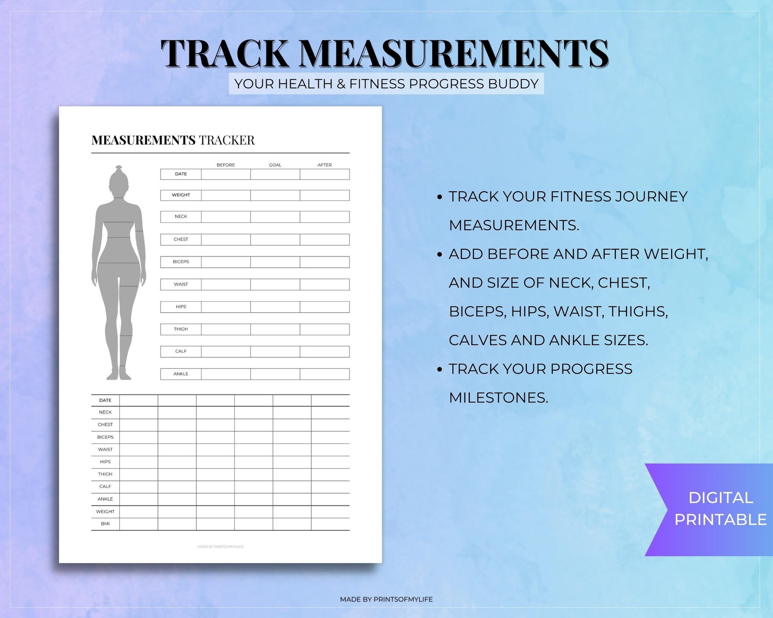 Measurement Tracker Template Women Men Fitness Goal Tracker - Etsy