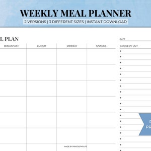Pianificatore dei pasti Modello settimanale stampabile con paesaggio e lista della spesa Menu per la famiglia Diario Tracker alimentare Dieta Diario di salute e fitness Preparazione dei pasti