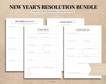 Puede incluir: Un paquete de resolución de Año Nuevo con el texto "New Year's Resolution Bundle" y "¡Planifica tu próximo año con estilo!" El paquete incluye páginas imprimibles para establecer objetivos, revisar el año pasado y planificar el próximo año. También se ven las palabras "Digital Printable".