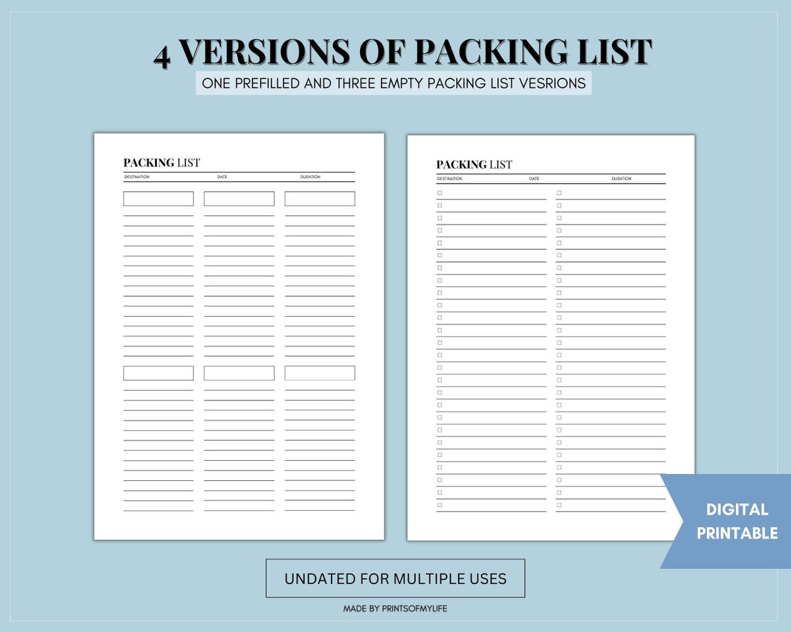 Packing List Holiday Planner Template Family Vacation Bag - Etsy
