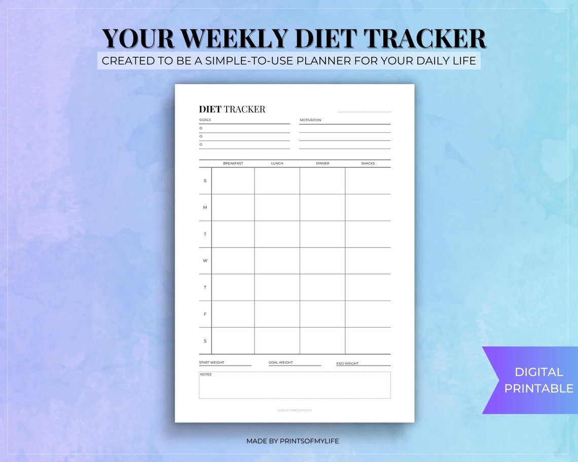 Diet Tracker Printable Food Diary Printable Food Journal Daily Calorie