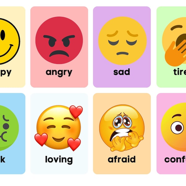 Emotions Emoji Printable Flashcards| Instant Download| Emotions| Classroom Flashcards | Pre-k Flash Cards