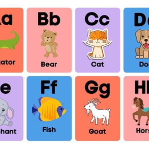 Cartões flash para impressão de ABC e animais | Download instantâneo | Alfabeto pré-escolar | Carta de sala de aula ABC Flashcards | Cartões Flash pré-k