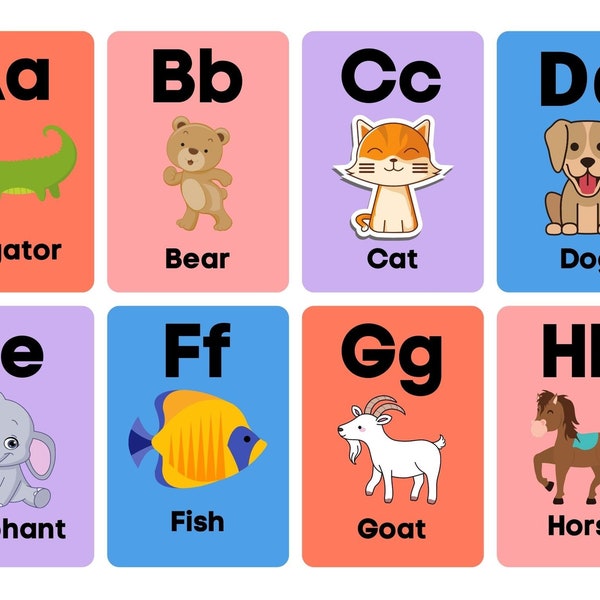 ABC's and Animals Printable Flash Cards| Instant Download| Preschool Alphabet| Classroom Letter ABC Flashcards | Pre-k Flash Cards