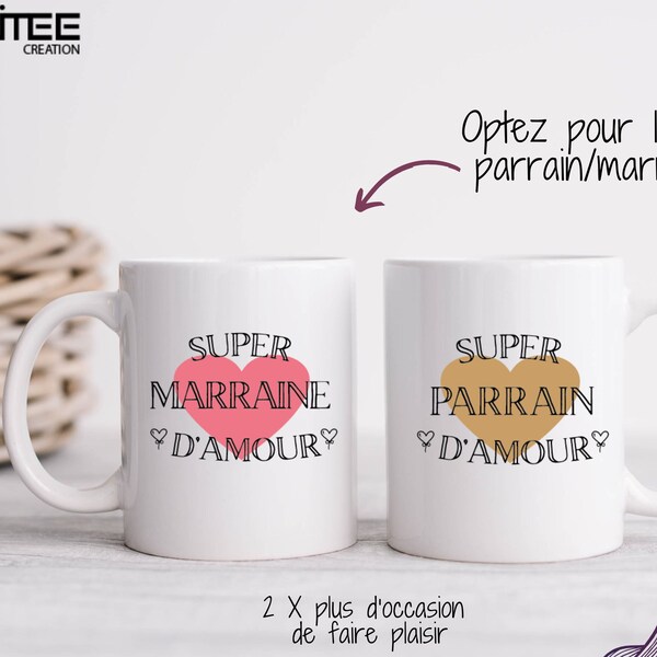 Duo de mug parrain et marraine, tasse en céramique parrain marraine, cadeau anniversaire parrain, idée cadeau marraine