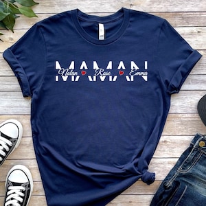 T-shirt Maman avec des prénoms enfants, Tee-shirt personnalisé maman, T-shirt anniversaire maman, Idée cadeau fête des mères ou noël Bleu