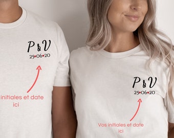 T-shirt initiales et date personnalisable, T-shirt personnalisé couple, cadeau saint valentin, Tee-shirt amoureux, T-shirt duo St Valentin
