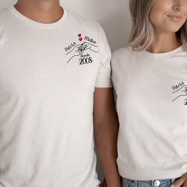 Camiseta de pareja Nombres Manos y Año, Camiseta de pareja personalizada, Camiseta de pareja amante, Regalo personalizado de San Valentín