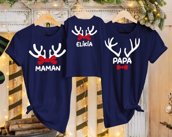 Christmas t-shirt for family, Personalized Christmas reindeer T-shirt, Matching blue set for dad, mom, and child, Christmas baby bodysuit