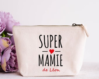 Pochette super Mamie, Pochette fête des grands-mères, Trousse mamie avec prénom petit enfants personnalisée, Trousse rangement cadeau mamie