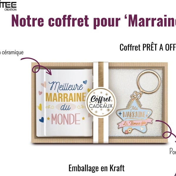 Coffret cadeau marraine, Mug et porte clé, Annonce marraine, idée cadeau baptême, anniversaire ou noël