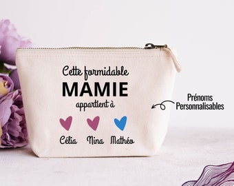 Pochette super Mamie, Pochette fête des grands-mères, Trousse mamie formidable avec prénom petit enfant personnalisée, rangement mamie