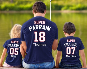 Tee shirt super parrain, super marraine, Trio parrain filleule et filleul, Duo marraine filleul, Cadeau personnalisé baptême