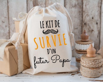 Kit de survie du Futur Papa, Kit maternité, Cadeau naissance, Cadeau parent, Sac en tissu, Pochon coton, Sac cordons, trousse suvie papa