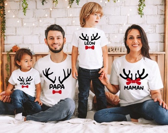 T-shirt de noël pour famille, Tee-shirt renne de noël personnalisé, Ensemble assorti papa, maman, et enfant, Body bébé de noël