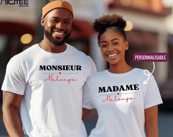 T-shirt madame monsieur à personnaliser, Tee shirt lendemain mariage, Tshirt couple personnalisé avec nom de famille, cadeau mariage couple