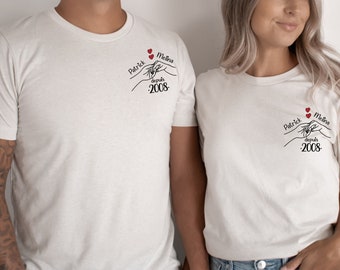 Tee-shirt couple Prénoms Mains et Année, Tee-shirt personnalisé couple, T-shirt couple amoureux, Cadeau Saint valentin personnalisé