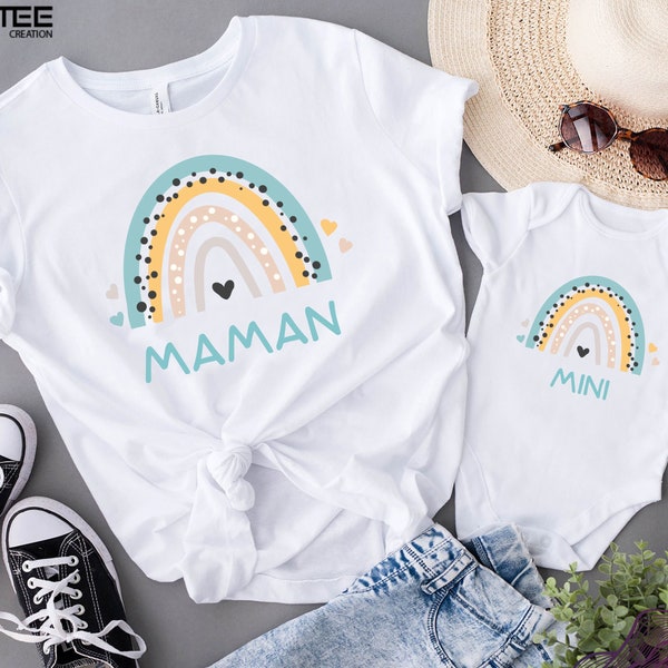 Mini-Mama-Duo, passendes Mama- und Baby-T-Shirt, Mama-T-Shirt und passender Body, Mutter-Kind-T-Shirt, passendes T-Shirt, Regenbogen-T-Shirt