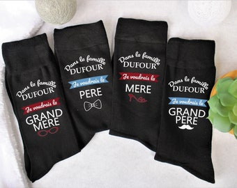 Chaussettes jeu de 7 familles, chaussette personnalisée, chaussettes avec nom de famille, chaussette maman, papa, fille, fils, papi