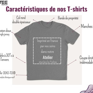 May include: A gray t-shirt with a crew neck and short sleeves. The t-shirt is made of 100% cotton and is printed in France. The text on the t-shirt says "Imprim&eacute; en France par nos soins dans notre Atelier situ&eacute; dans les Yvelines".
