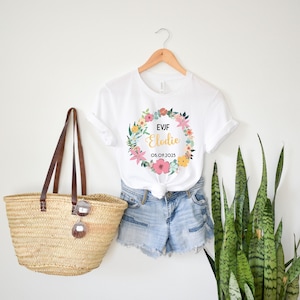 Blumen-T-Shirt für den Junggesellenabschied, rustikales T-Shirt für den Junggesellenabschied, T-Shirt mit Vornamen der zukünftigen Braut, Team der Braut, Blumenkrone, Junggesellenabschied