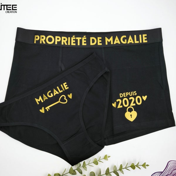 Boxer et culotte personnalisable, Boxer couple personnalisé effet OR, Boxer Saint valentin couple, sous vêtements assortis, lingerie  couple