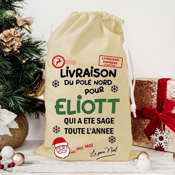 Hotte de noël personnalisable avec prénom enfant, Emballage cadeaux pour noël, Sac de noel personnalisé