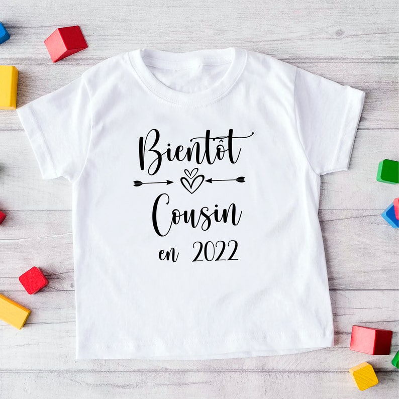 T-shirt bientôt cousine et cousin, Tee-shirt annonce grossesse, T-shirt enfant Bientôt cousin 2022