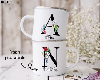 Mug Initiale prénom, Mug lettré personnalisé, Tasse émaillée personnalisée lettre, Mug monogramme fleuri