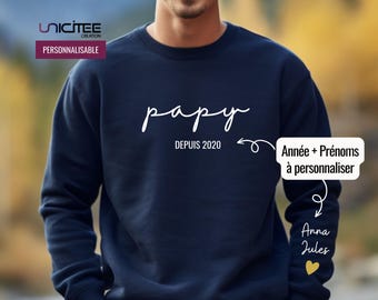 Sweat papy depuis, sweat personnalisé papi, sweat avec prénoms sur manche, idée cadeau papy, anniversaire papy, cadeau fête des grands-pères