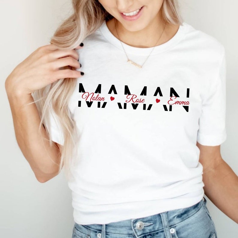 T-shirt Maman avec des prénoms enfants, Tee-shirt personnalisé maman, T-shirt anniversaire maman, Idée cadeau fête des mères ou noël image 3