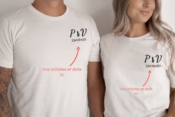 T-shirt initiales et date personnalisable, T-shirt personnalisé