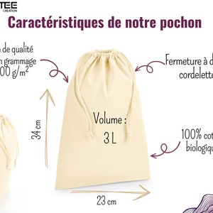 May include: A beige cotton drawstring bag with a 3L volume. The bag is made of 100% organic cotton with a 200 g/m&sup2; weight. The bag measures 34 cm in height and 23 cm in width. The bag has a double drawstring closure.