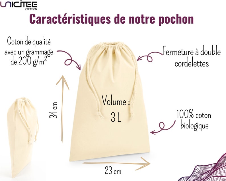 May include: A beige cotton drawstring bag with a 3L volume. The bag is made of 100% organic cotton with a 200 g/m&sup2; weight. The bag measures 34 cm in height and 23 cm in width. The bag has a double drawstring closure.