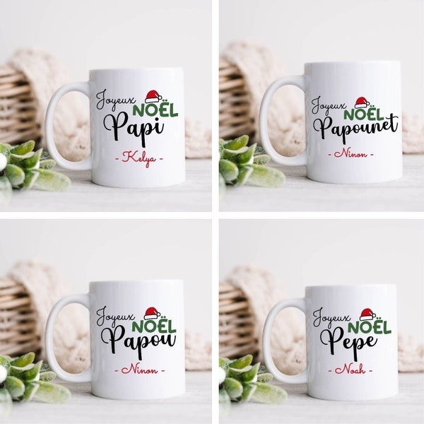 Mug de noël pour papi, tasse à personnaliser avec prénom enfant, mug blanc en céramique, cadeau personnalisé noël