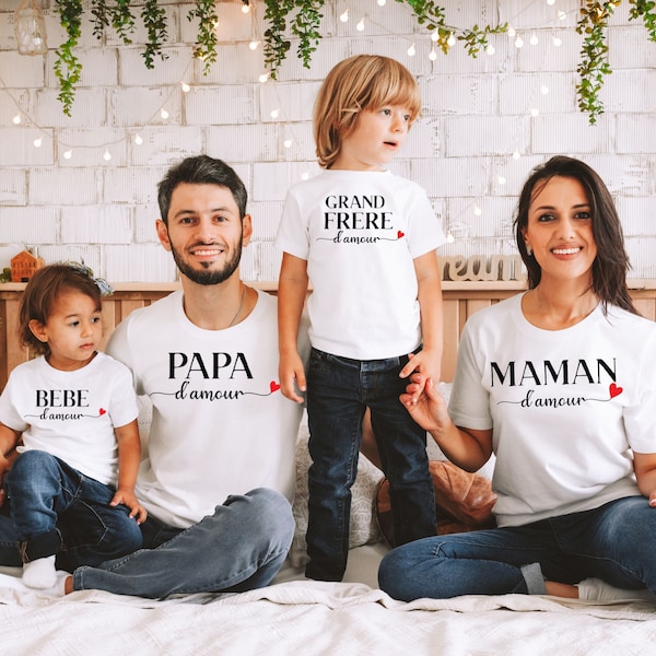 Tee shirt Papa d'amour, T-shirt Maman d'amour, Body Bébé d'amour, Tshirt famille personnalisé, Tshirt papa maman bébé, Lot de tshirt famille