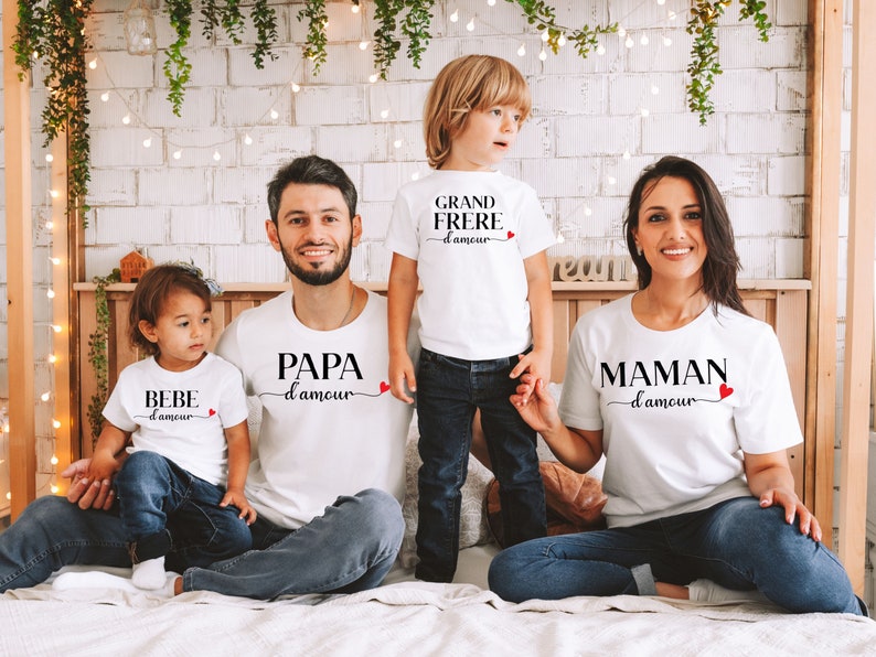 Tee shirt Papa d'amour, T-shirt Maman d'amour, Body Bébé d'amour, Tshirt famille personnalisé, Tshirt papa maman bébé, Lot de tshirt famille image 1