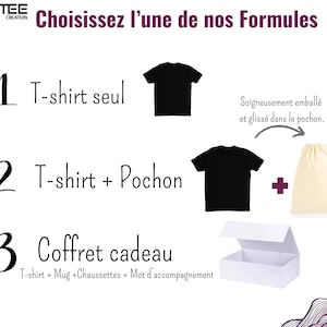 May include: Three options for purchasing a t-shirt: 1. T-shirt only, 2. T-shirt with a drawstring bag, 3. Gift set with a t-shirt, mug, socks, and a personalized message.