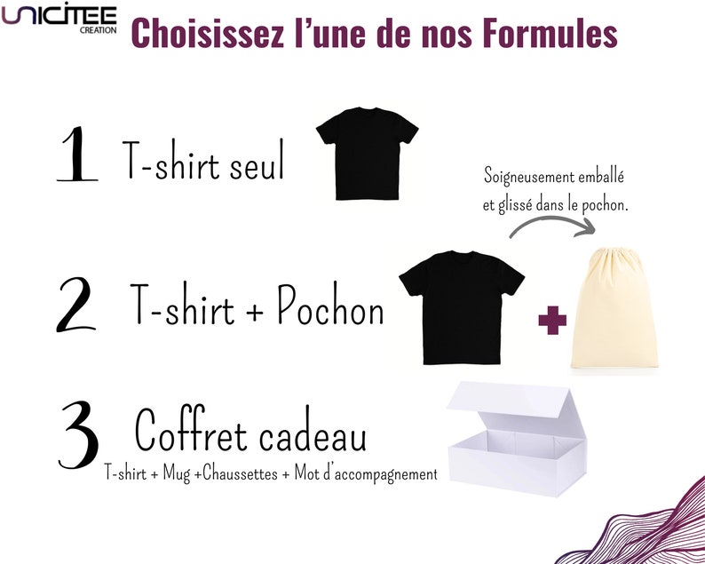 May include: Three options for purchasing a t-shirt: 1. T-shirt only, 2. T-shirt with a drawstring bag, 3. Gift set with a t-shirt, mug, socks, and a personalized message.
