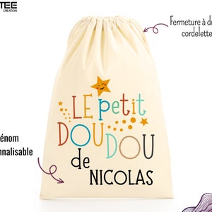 Pochon "Le petit doudou de", Sac de rangement couche,  Sac de bébé personnalisé, Sac à doudou, Sac bébé crèche, Pochon 100% coton,