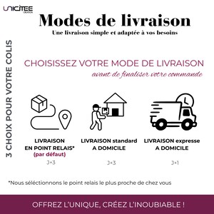 K&ouml;nnte beinhalten: Ein Bild mit dem Text "Modes de livraison" und "W&auml;hlen Sie Ihre Versandart, bevor Sie Ihre Bestellung abschlie&szlig;en." Es werden drei Versandoptionen angezeigt: ein Paket mit einer Route, eine Person, die nach Hause liefert, und ein Lieferwagen.