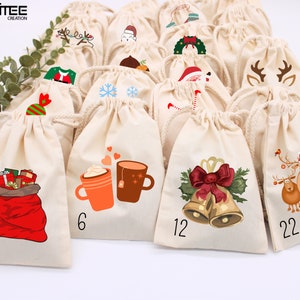 24 Minitüten für Adventskalender, Weihnachtstüte aus 100 % Baumwolle mit Kordel