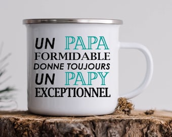 Mug émaillé blanc et argent , Tasse personnalisée papa formidable papy exceptionnel, cadeau fête grand-père, cadeau anniversaire papi