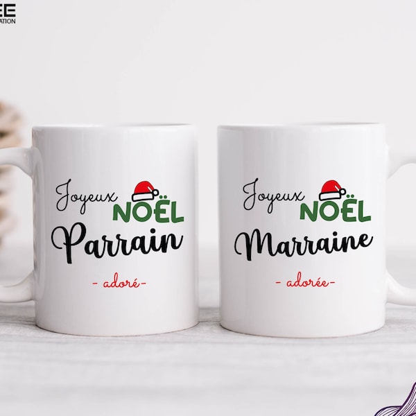 Mug "Joyeux Noel Parrain et Marraine", Tasse personnalisé Noël, Idée cadeau Noël pour parrain et marraine