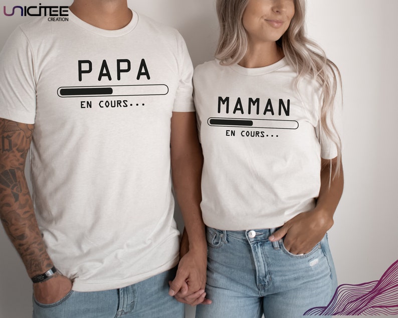 T-shirt Papa en cours et Maman en cours, Tee-shirt annonce grossesse chargement, T-shirt futur papa et future maman Duo Maman/Papa blanc