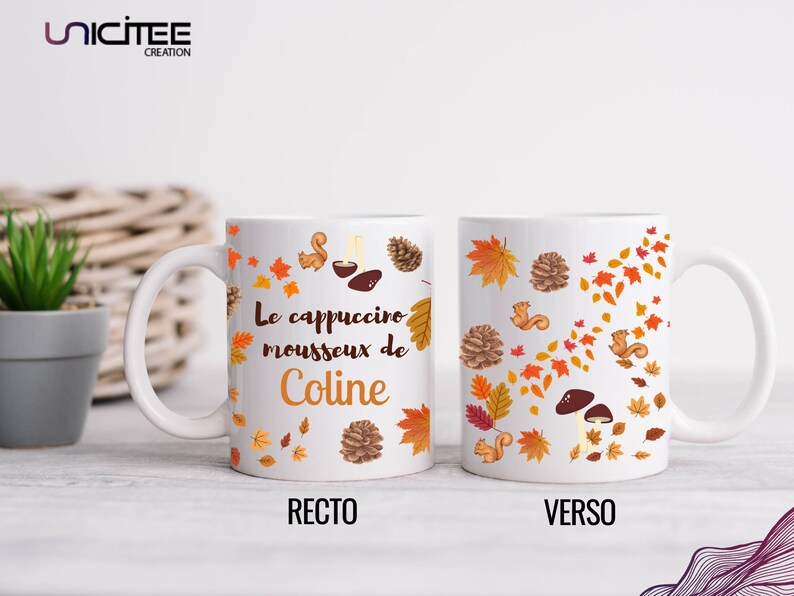 Mug d'automne en céramique , thème automnal orange, Idée cadeau Noël Le cappuccino
