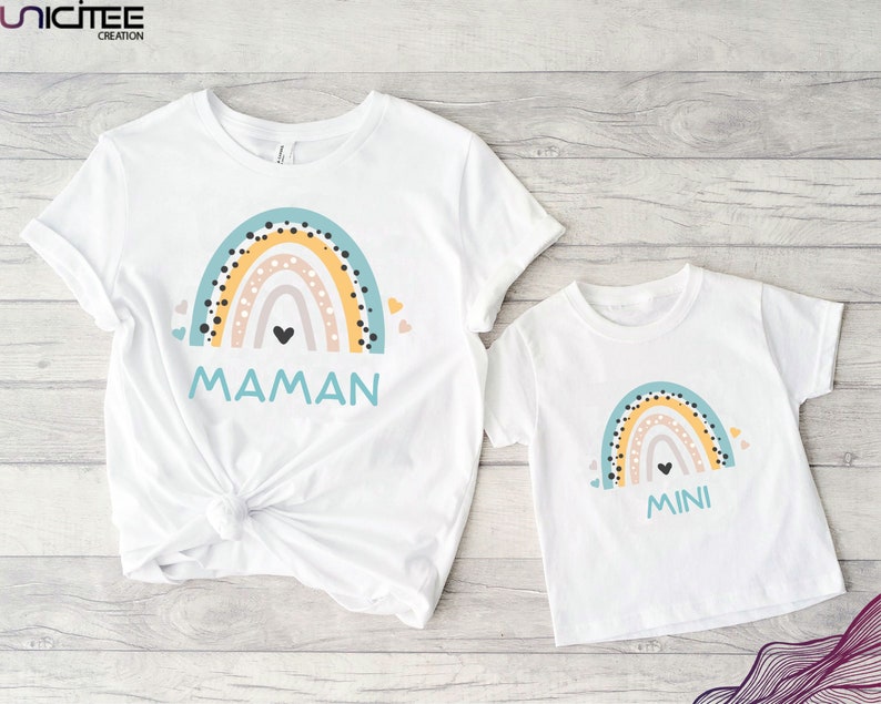 Duo maman mini, Tee-shirt assorti maman bebe, T-shirt maman et body assorti, Tshirt mère enfant, tshirt matchy matchy, tee shirt arc en ciel image 2