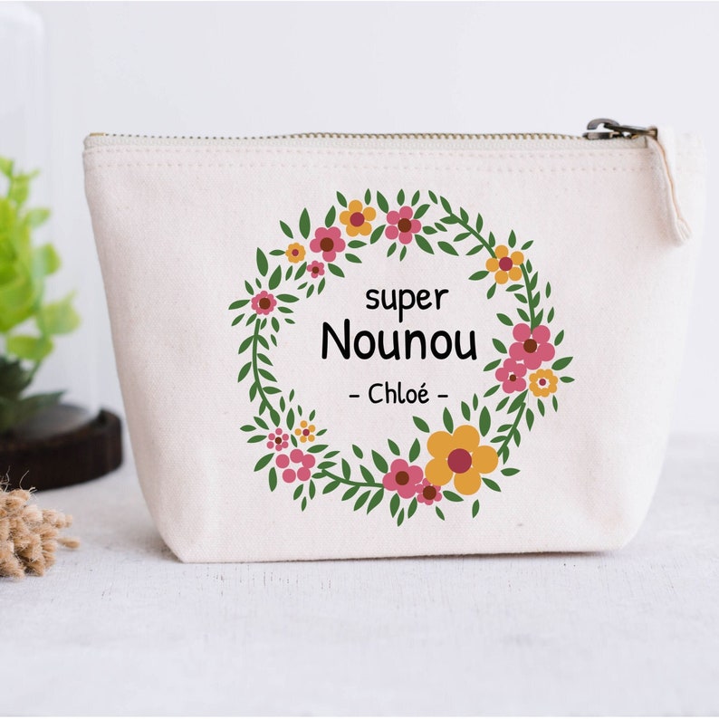 Pochette super nounou, pochette à personnalisée avec prénom enfant, trousse 100% coton avec fermeture zippée, cadeau fin contrat nounou image 1