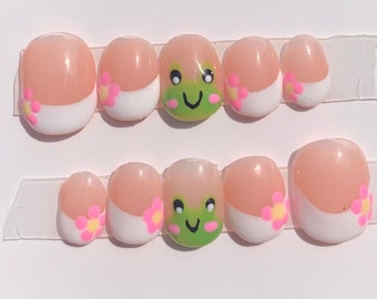 Froggy Nails Handpainted Kawaii Frog Character White French Tips and Flowers, Adult and Kids Size Press On Nails, Reusable Fake Nails