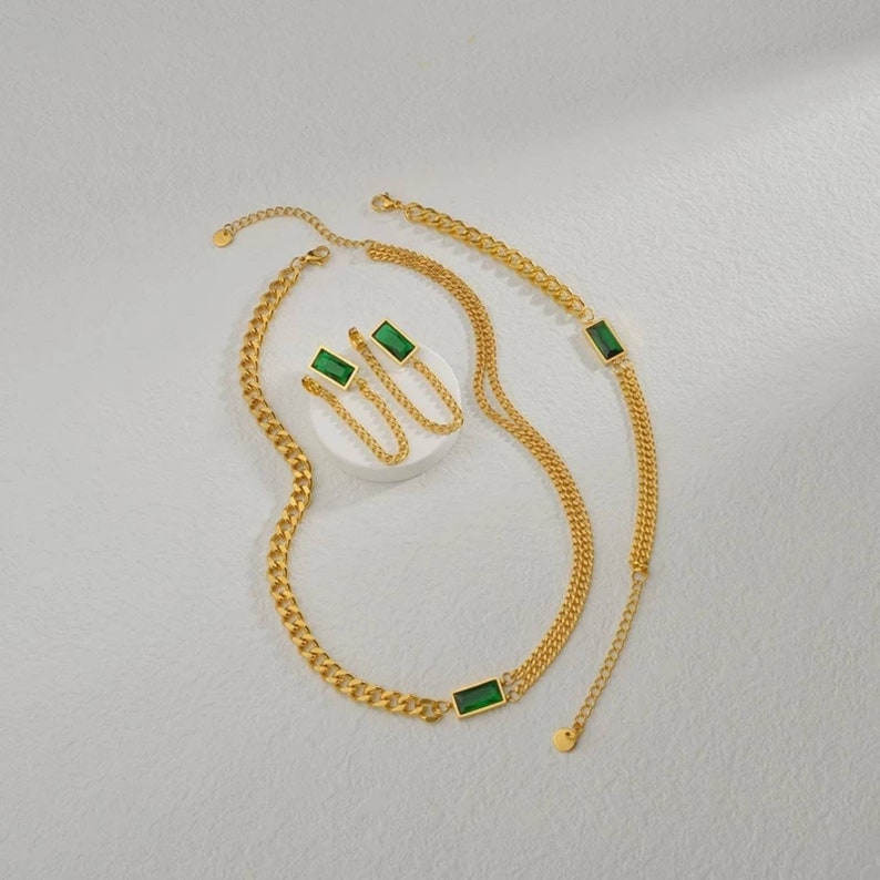 Emerald and Gold Jewelry Set, Emerald Cubic Zirconia Gold Chain Emerald and Gold Jewelry Set, Emerald Cubic Zirconia Gold Chain